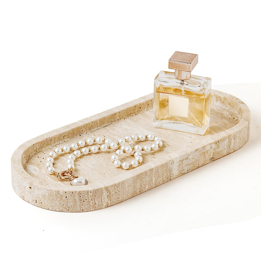 WORHE Stone Tray Natural Travertine Stone Vanity Tray for Jewelry Candles Perfume 11.8" x 5" Marble Decorative Tray for Bathroom Countertop Storage Organizer for Home Decor Beige(WH033)